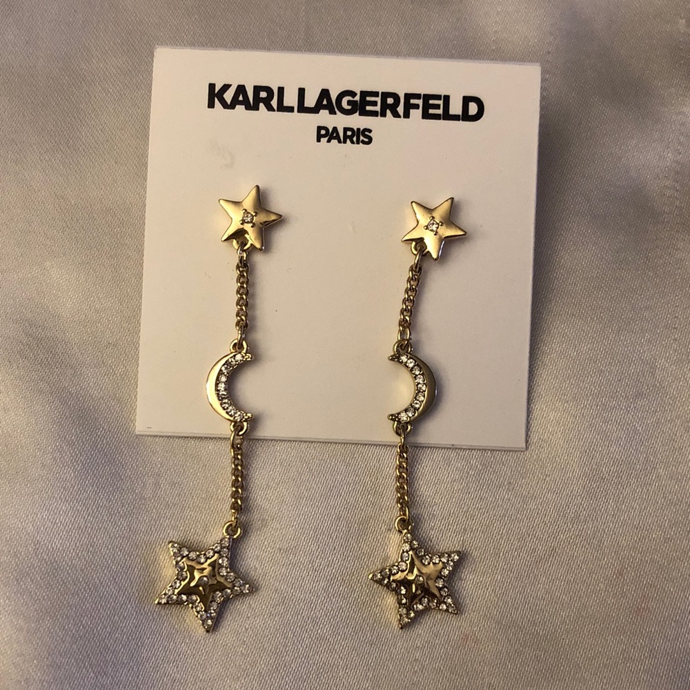 Karl Lagerfeld Gold Tone Star & Crescent Moon Linear Drop Earrings Crystal NWT